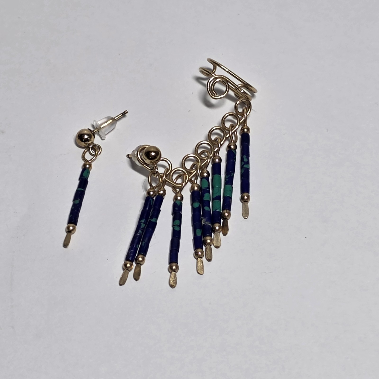 Vintage Azurite Heishi Bead Ear Cuff & Earring Set Southwestern Gold Filled 80s