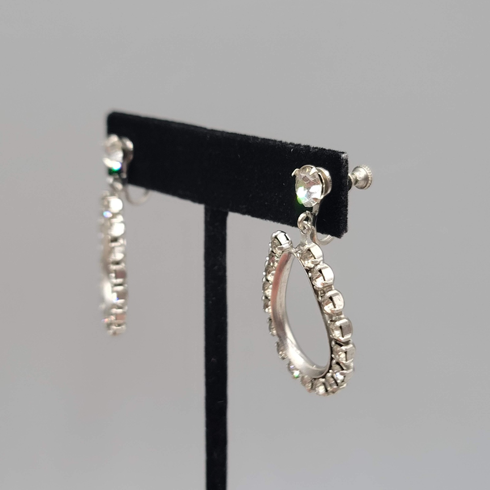 Vintage Open Dangle Clear Rhinestone Clip on Earrings Silver tone Screw Back 1.5
