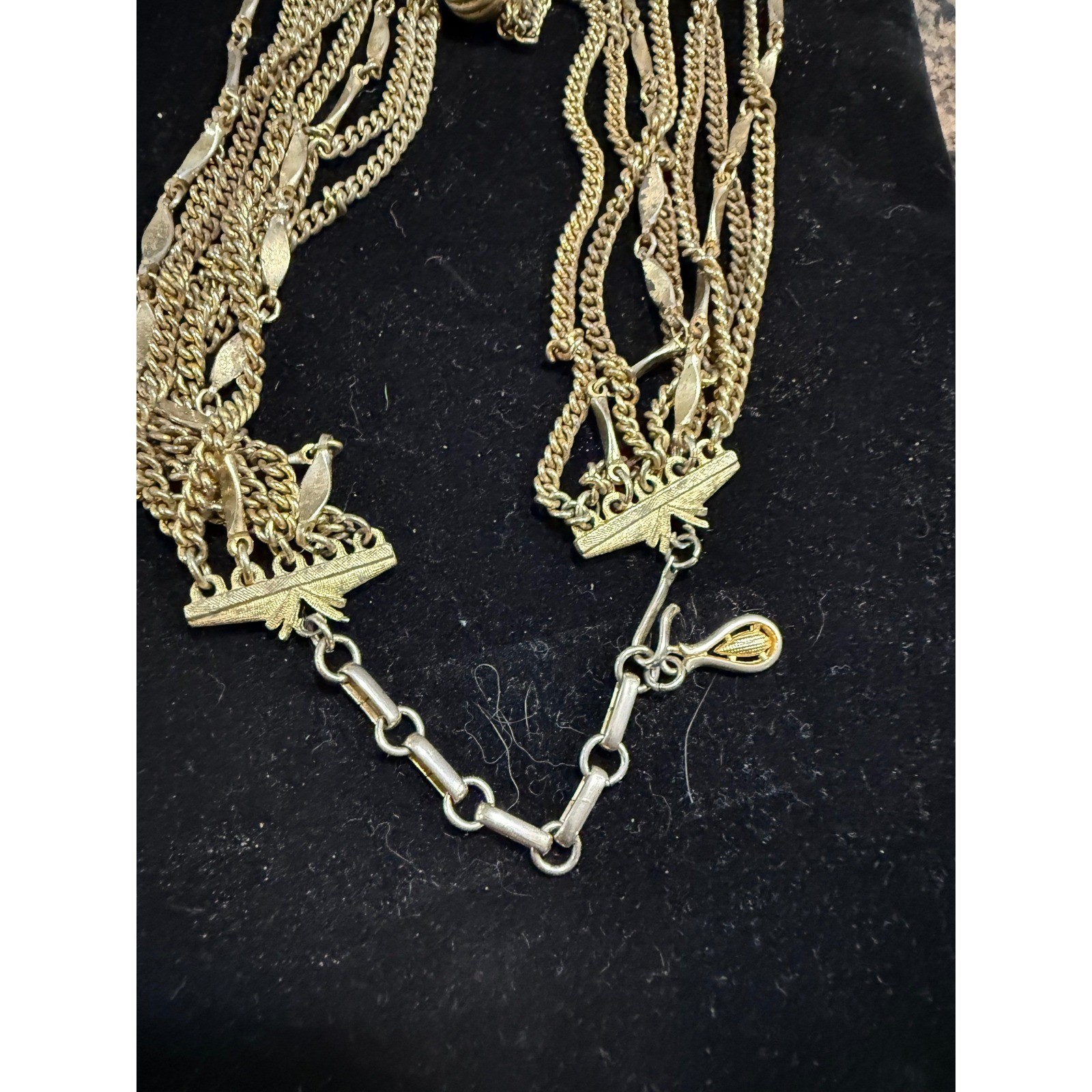 Vintage 1950s Coro Gold Tone Multi Strand Necklace Melon Bead Leaf Link Layered