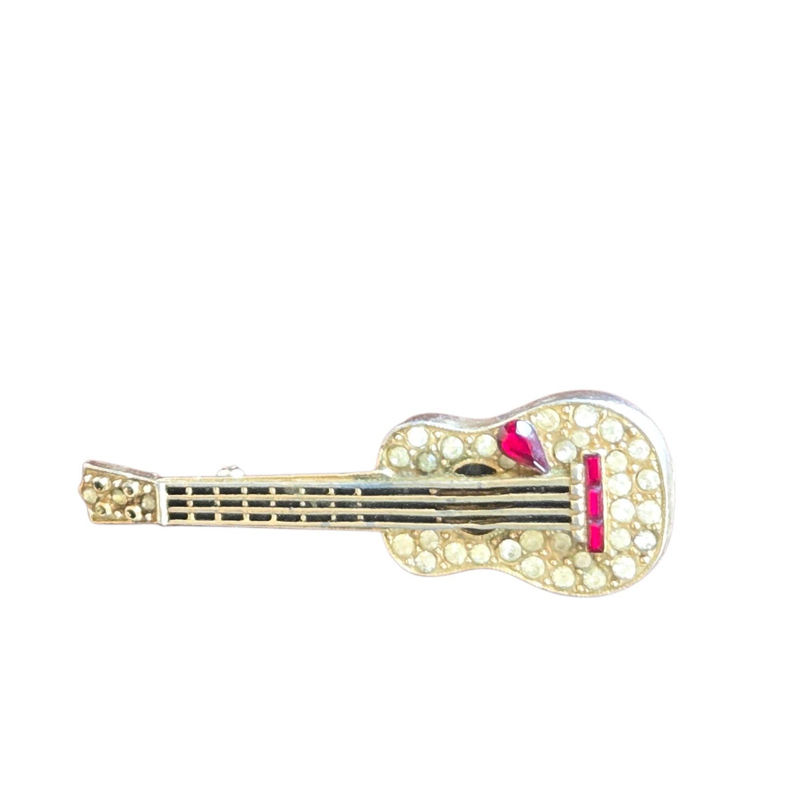 Vtg Ora Gold-plate Rhinestone Guitar Figural Brooch 1940s SIGNED 2″ x 3/4″