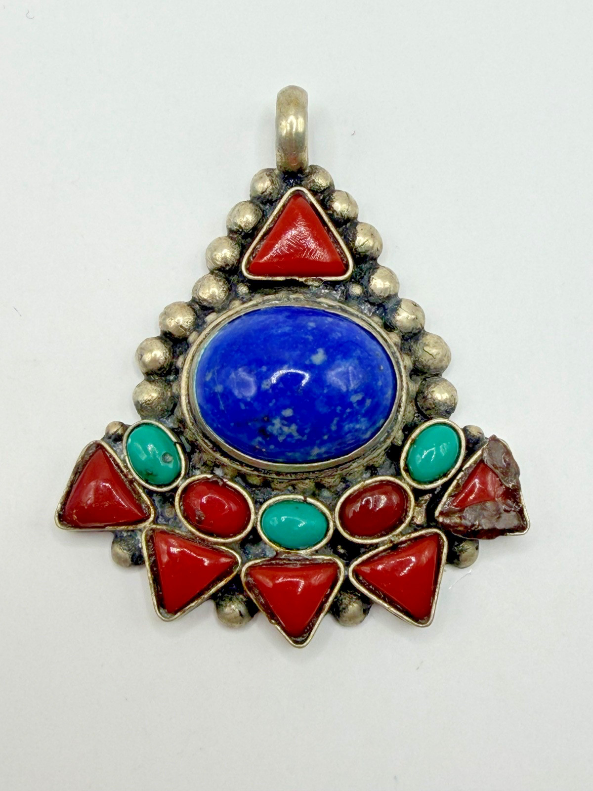 VINTAGE TIBETAN SILVER TONE PENDANT WITH TURQUOISE AND CORAL STONE BLUE LAPIS