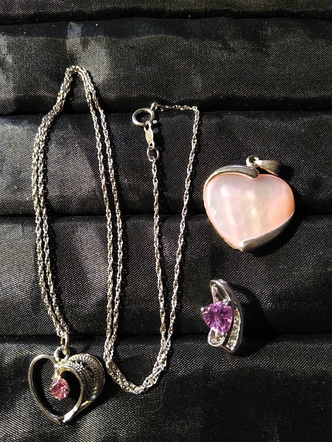 925 Sterling Silver Chain 3 Pendant Pink Mother Pearl Heart Diamond Accent L309