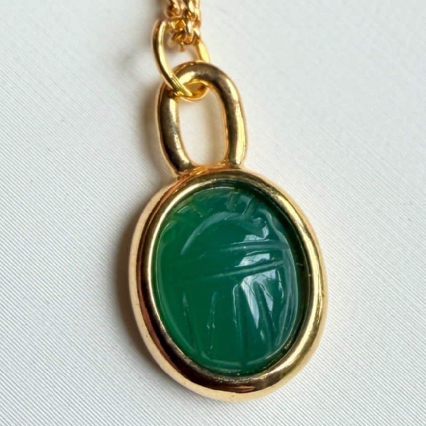 Vintage Green Gold Scarab Necklace Genuine Stone Pendant 1970s