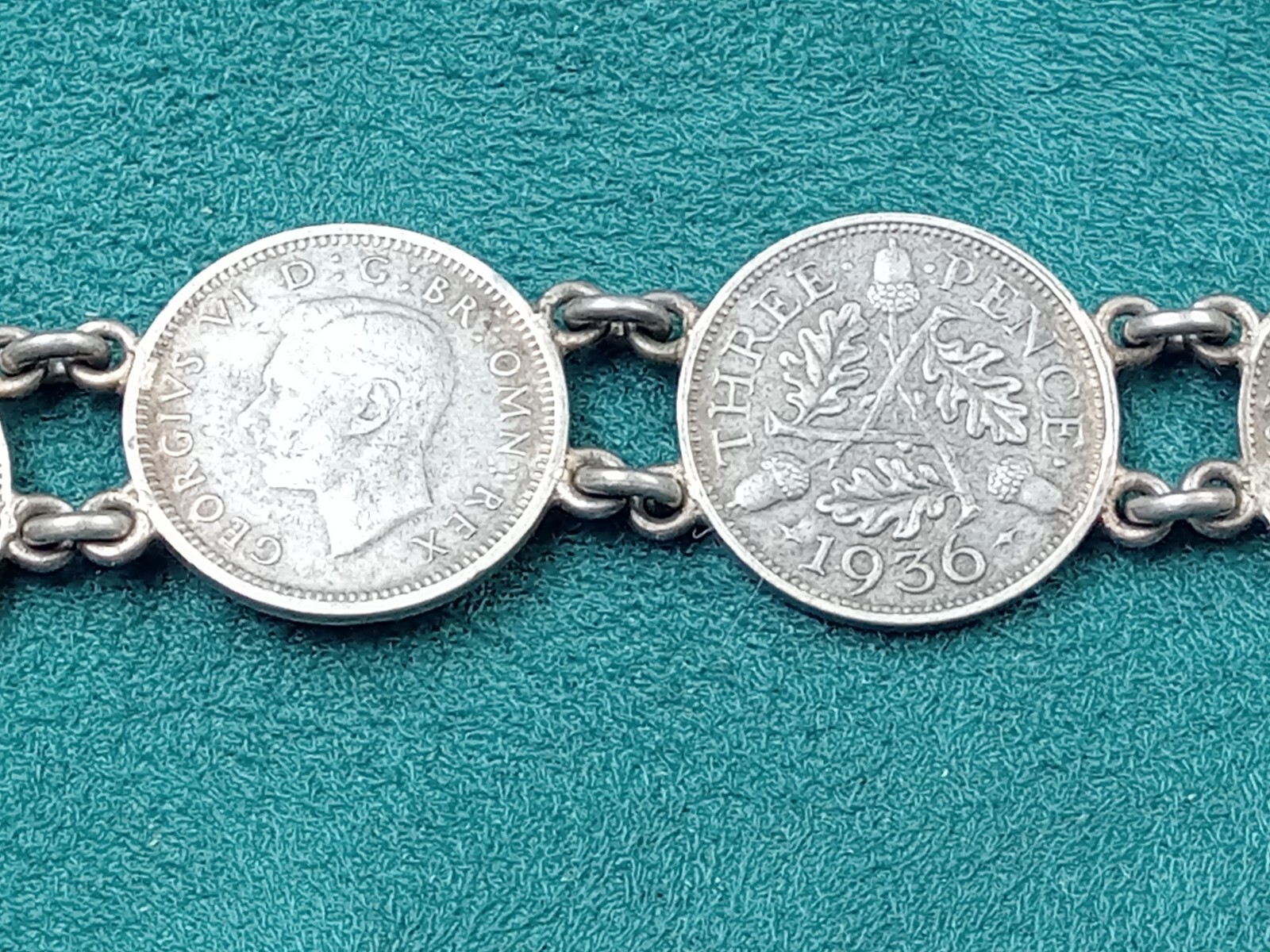 United Kingdom 3 Pence Silver Coin Link Bracelet: 7″ Long, King George