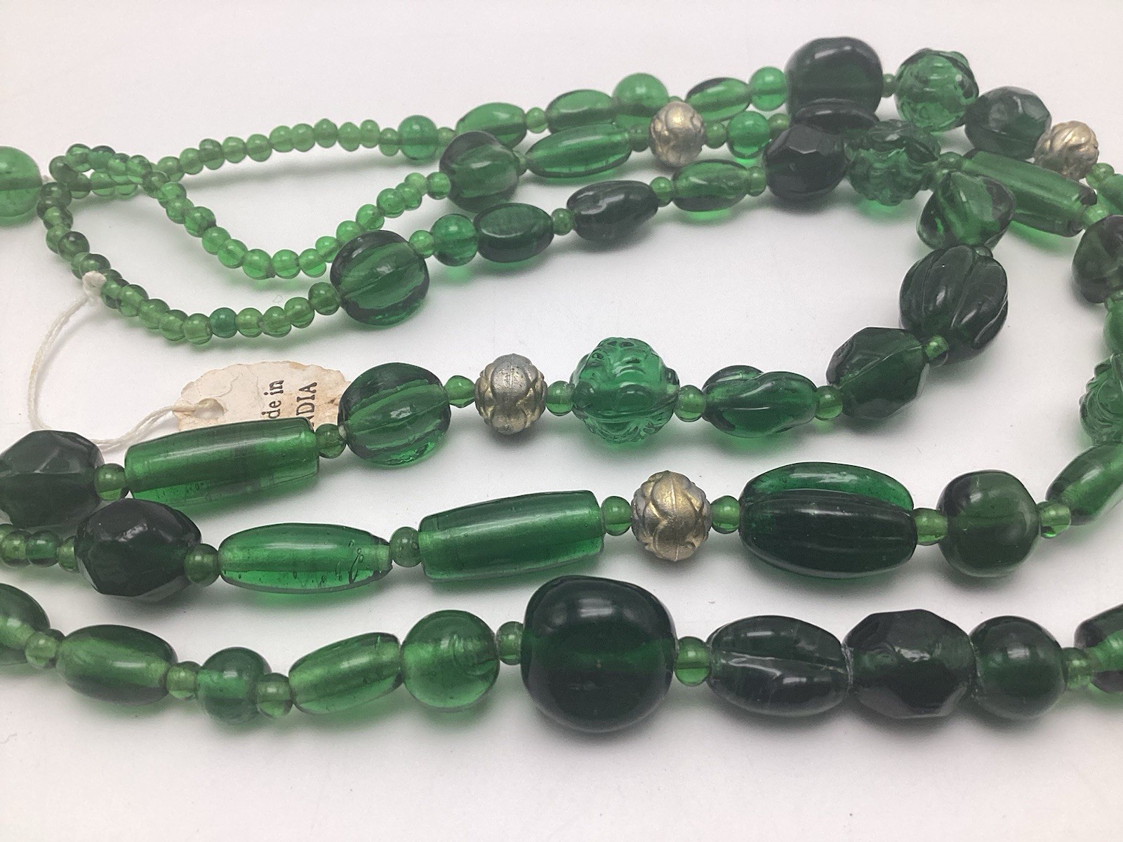 Vintage Emerald Green Glass Beaded Multi 3 Strand Necklace Made In India 19”