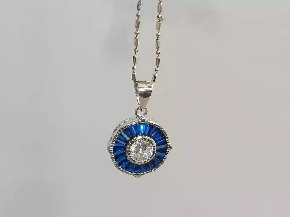 Art Deco Style Lab Created Diamond Sapphire Engagement 14K White Gold FN Pendant
