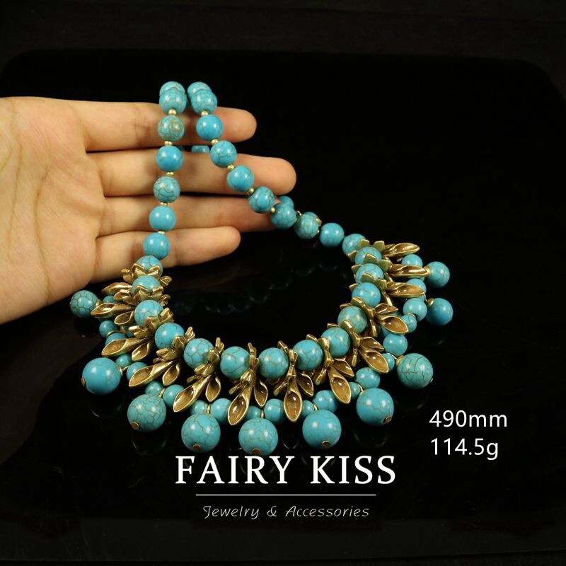 Electroplated antique gold and turquoise handmade bead necklace vintage jewelry