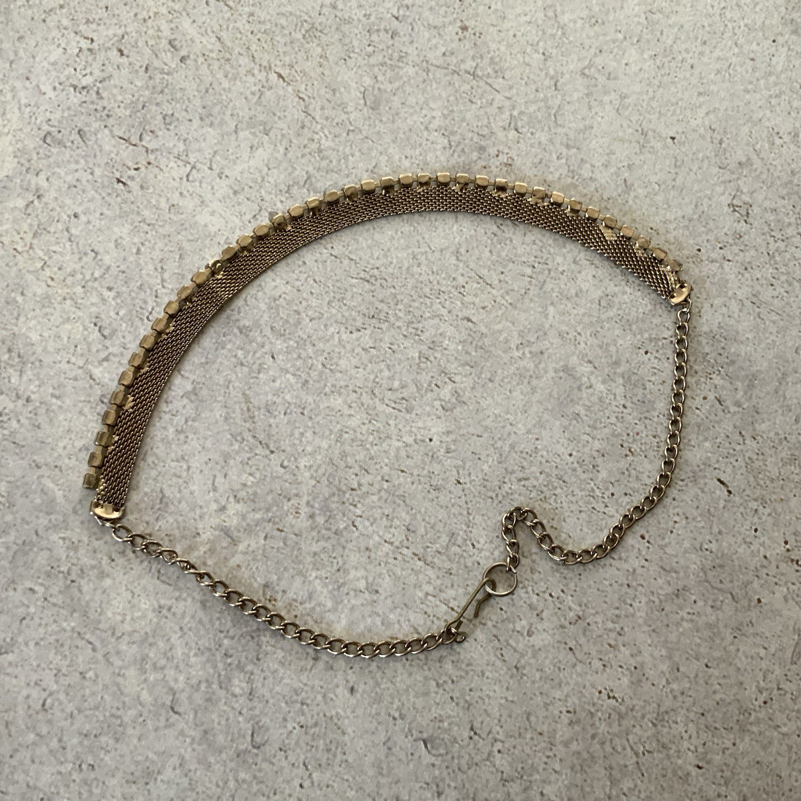 Vintage Rhinestone Mesh Choker Necklace Gold Tone Minimal Sparkle 50s