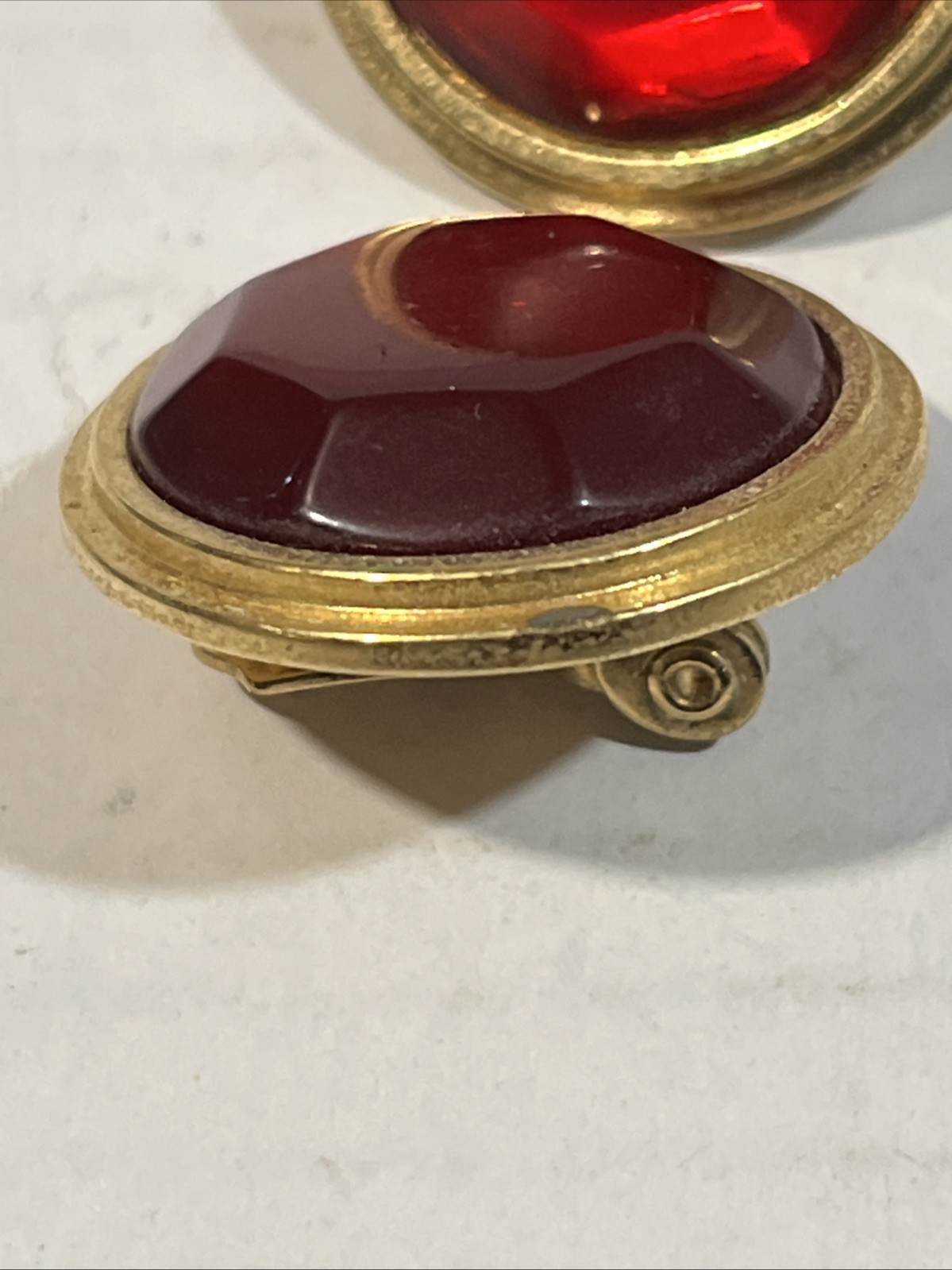 Vintage Yves Saint Laurent earrings Resin Ruby Stone Pierce Gold Tone Round