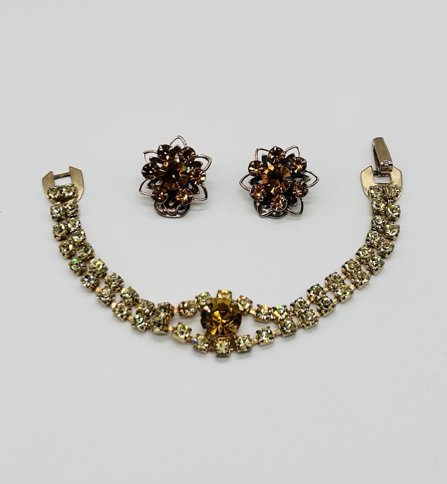 Vtg -1950s-ORANGE AMBER-Rhinestone-BRACELET and Floral EARRINGS SET-Gold Tone