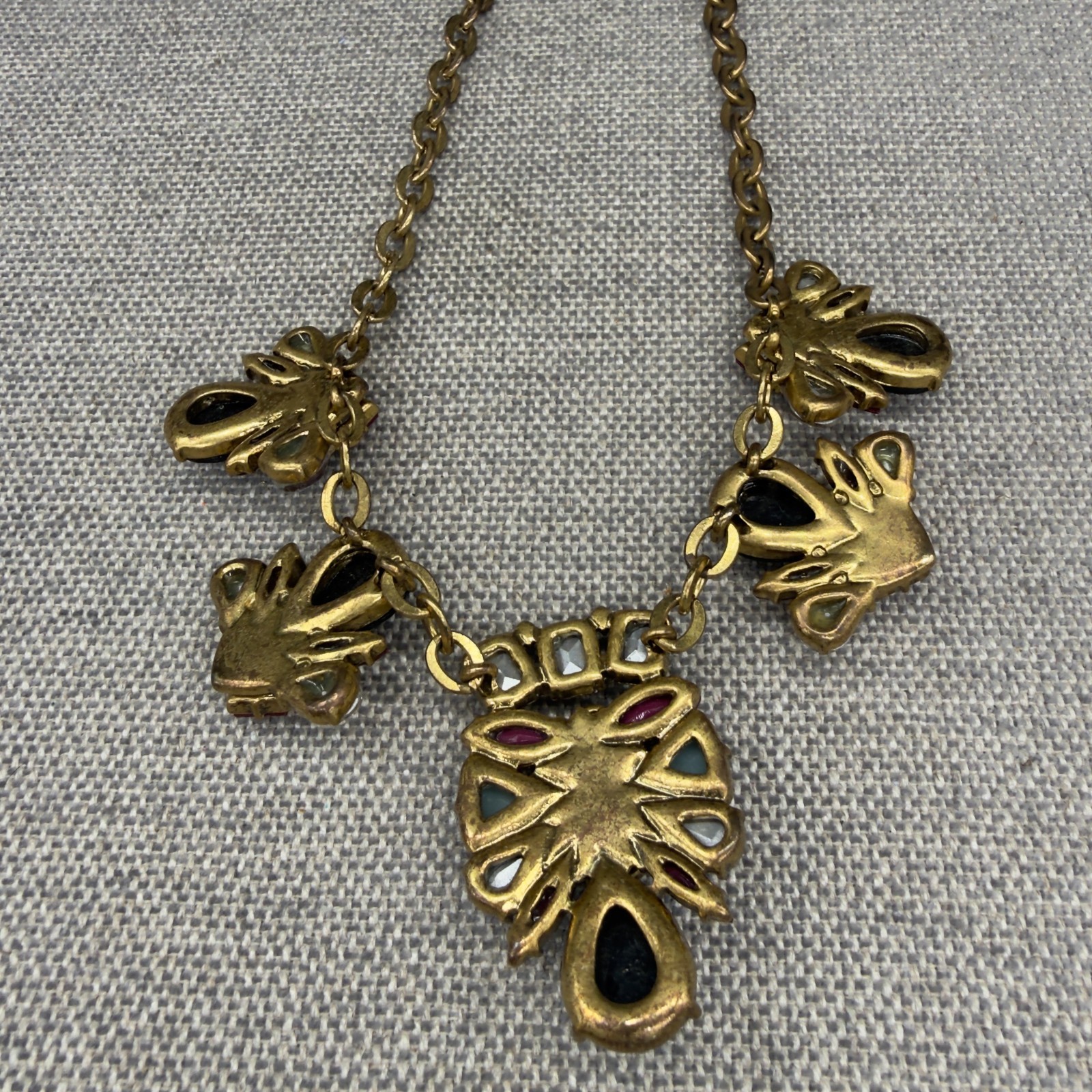 Vintage J Crew Necklace Jeweled Statement Burgundy Black Gold Tone 19 Inches