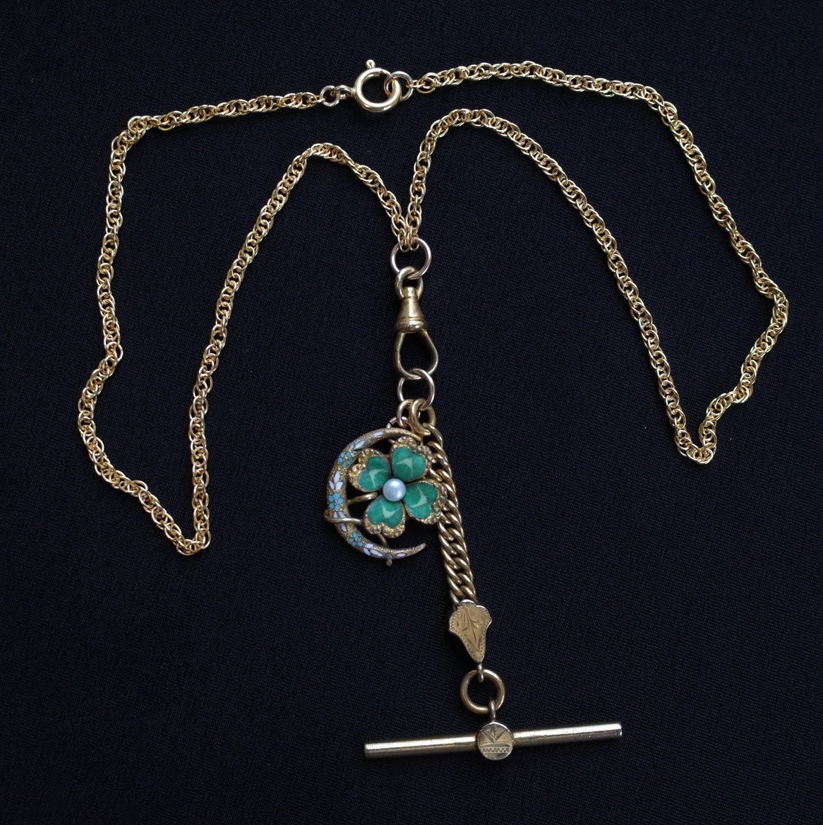 Antique Rolled Gold Enamel Four Leaf Clover & Crescent Pendant Necklace Pearl