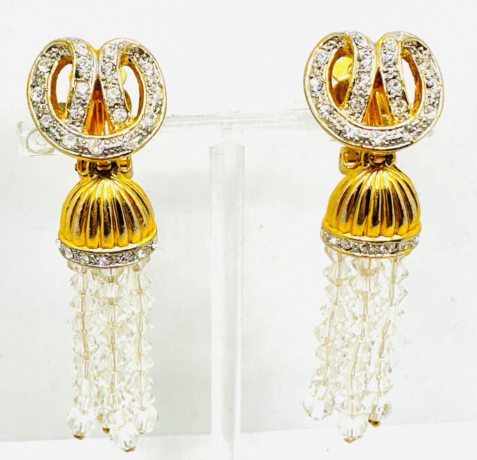 Vtg Fab 1980s Crystal Rhinestone Tassel Dangle Statement Gold Tone Earrings