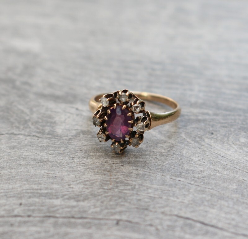 Antique Victorian 14K Gold Rose Cut Diamond Amethyst Engagement Ring Sz 5.75