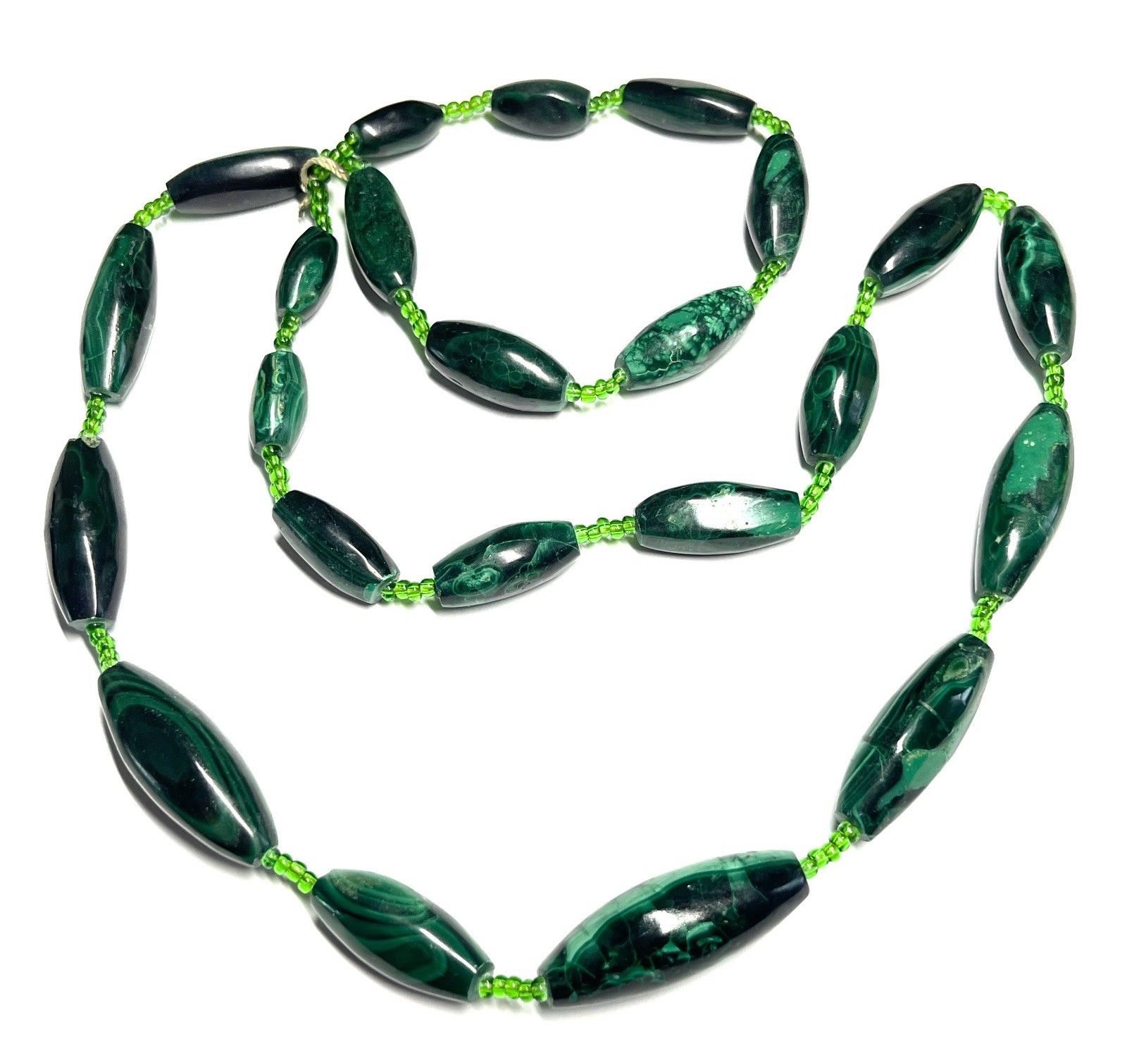 Vintage Oblong Elongated Malachite Stone Beaded Necklace