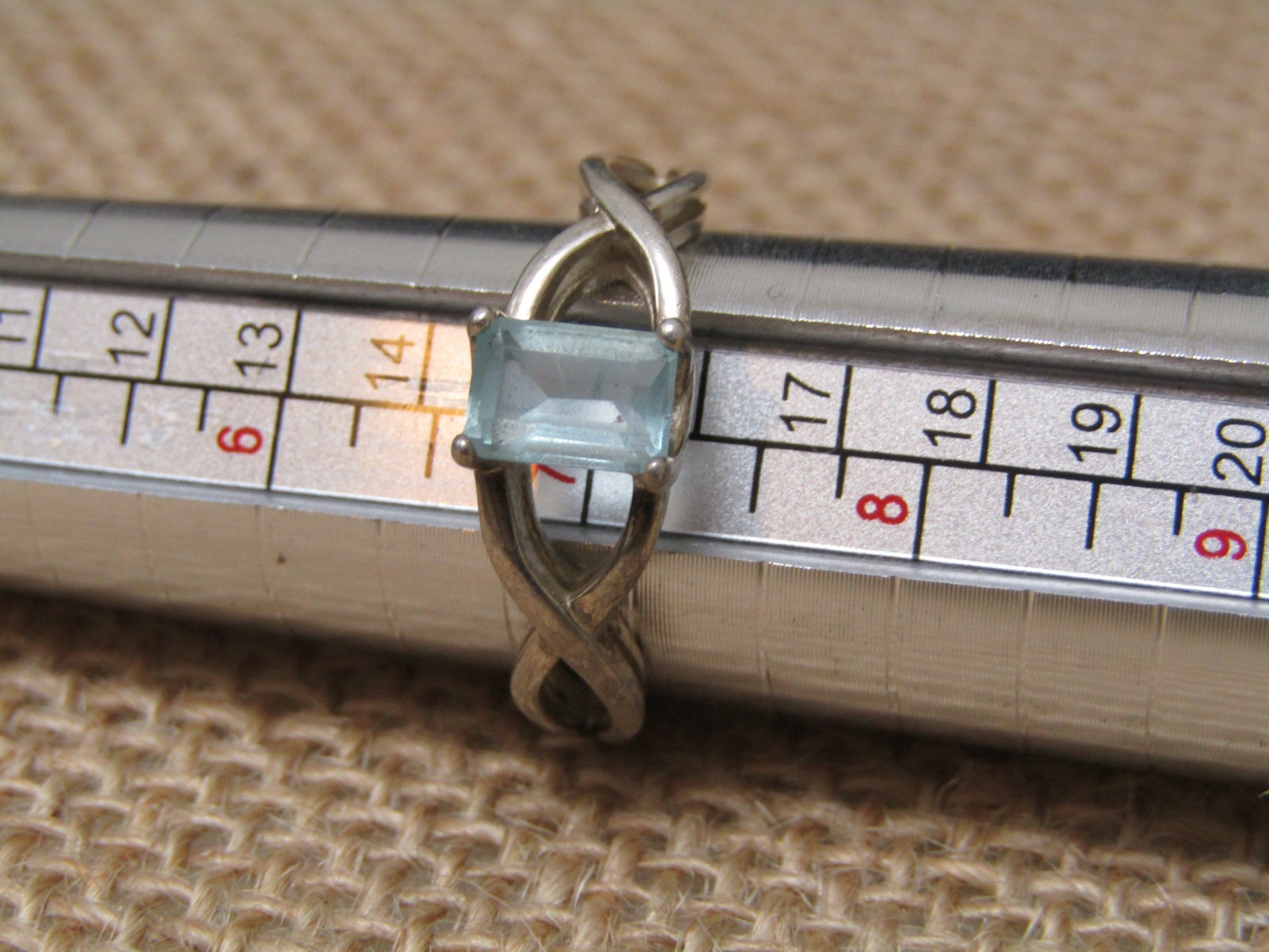 Vtg Sterling Silver By NVC Emerald Cut Aquamarine Infinity Sign 925 Ring – Sz 7