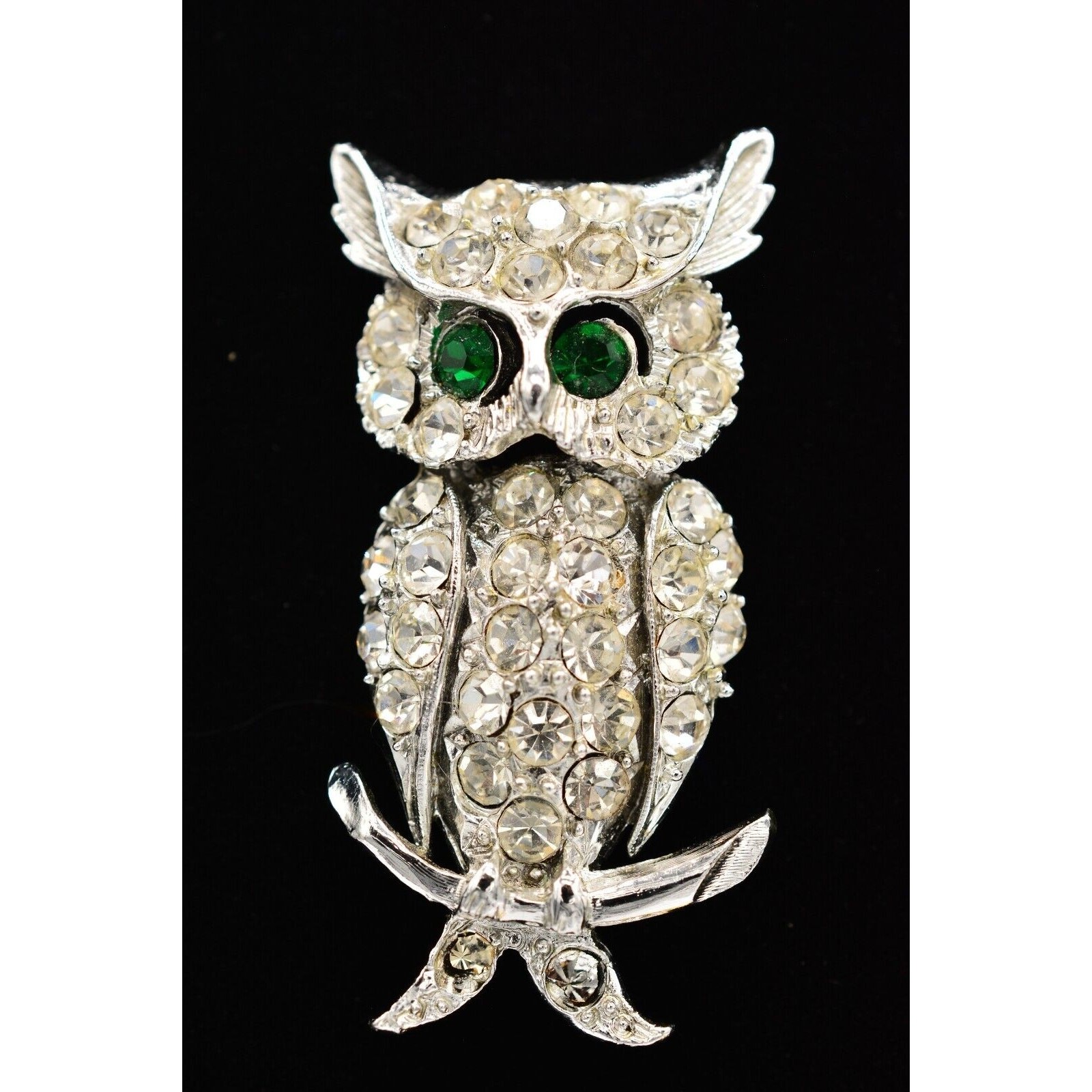 Vintage Crystal Owl Brooch Pin Rhinestone Green Eyes Silver Tone Sparkling Bin1