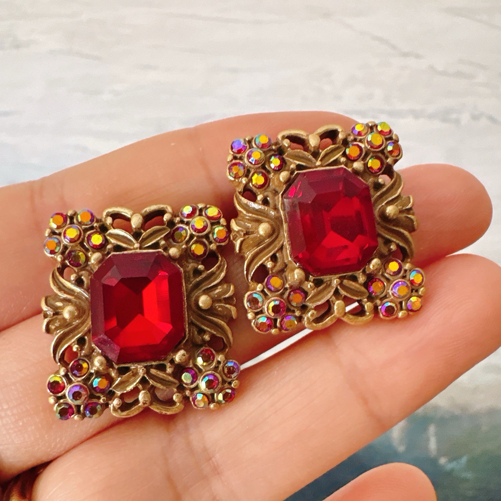 Vintage Red Crystal Square Earrings – Baroque Gold Rhinestone Studs Gift for her