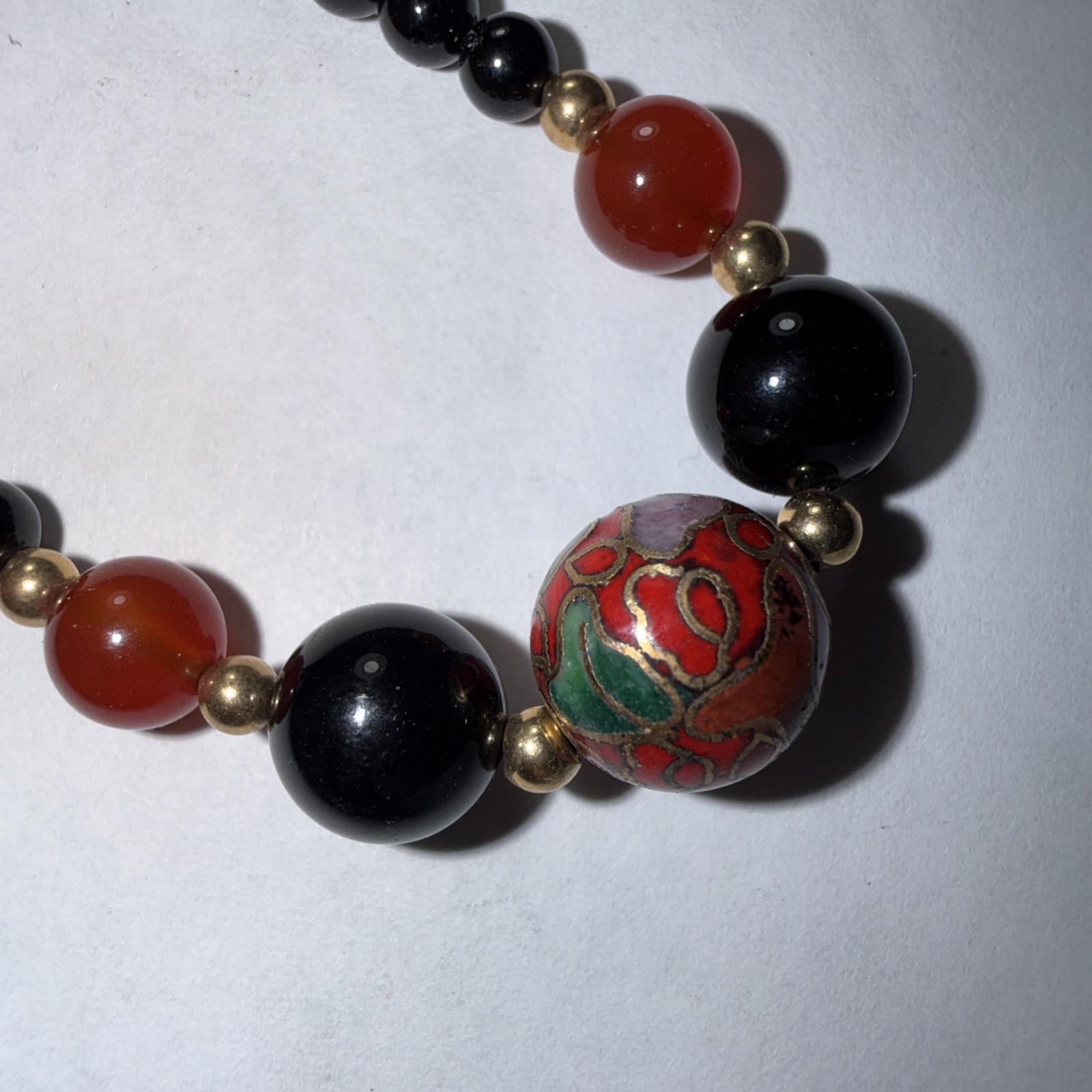 14k Gold Bracelet Black Coral Cloisonne Vintage Unused 6.75” Biggest Bead 10mm