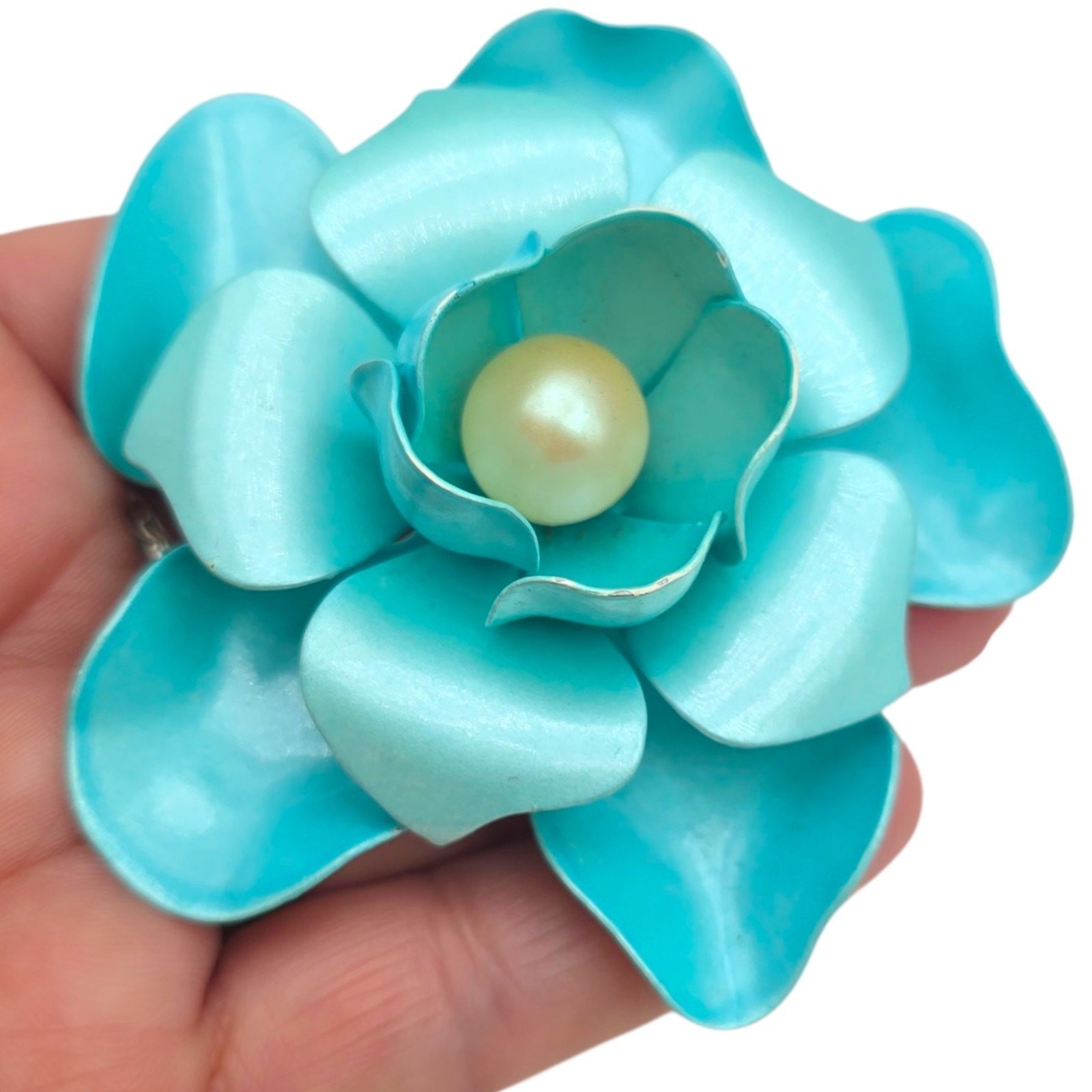 Vintage Brooch Flower Floral 3D Light Blue White Painted On Metal Statement