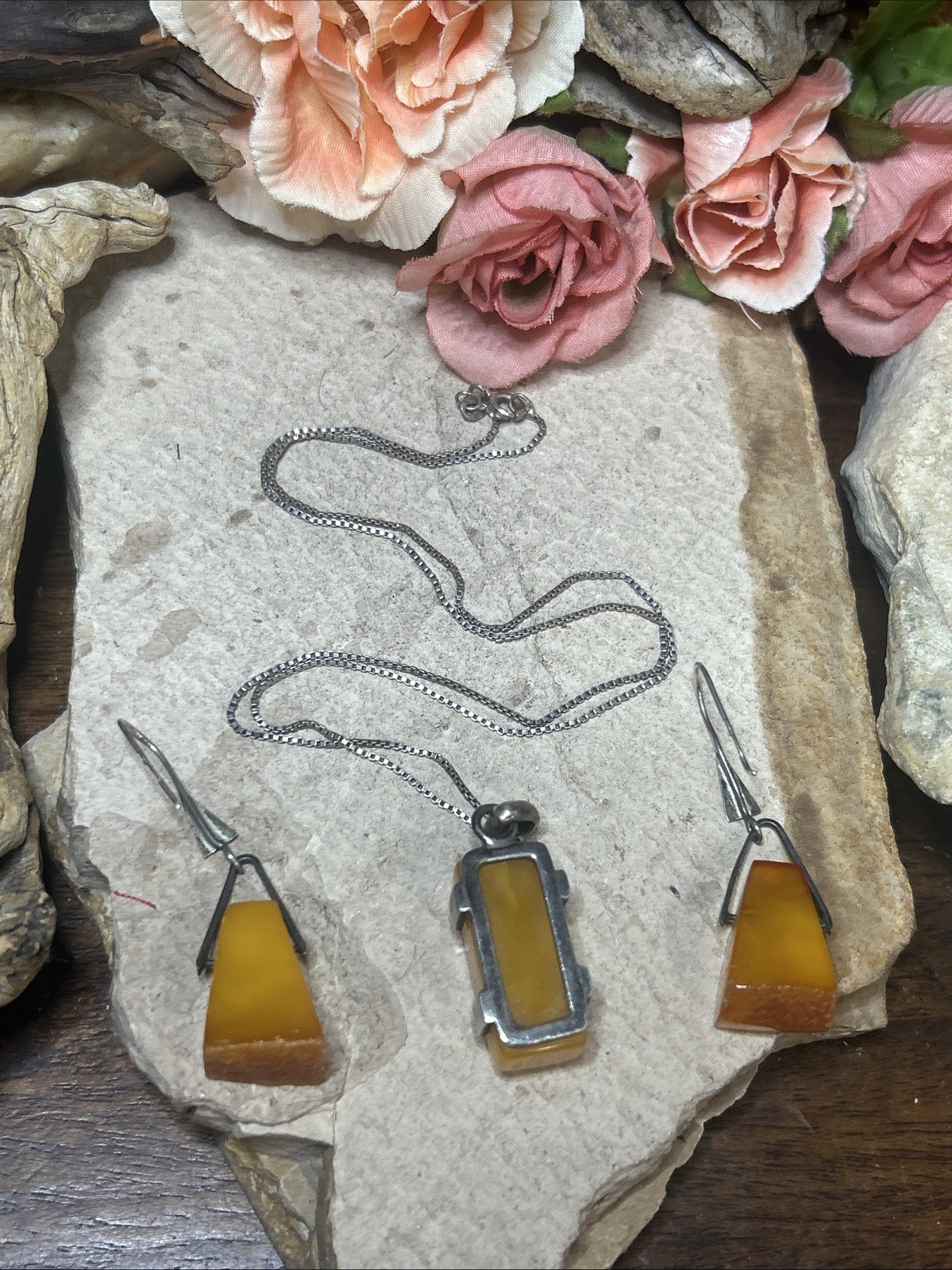 56. 925 Sterling Baltic Honey Amber Dangle Hook 2″ Earrings, 20+” Necklace Set
