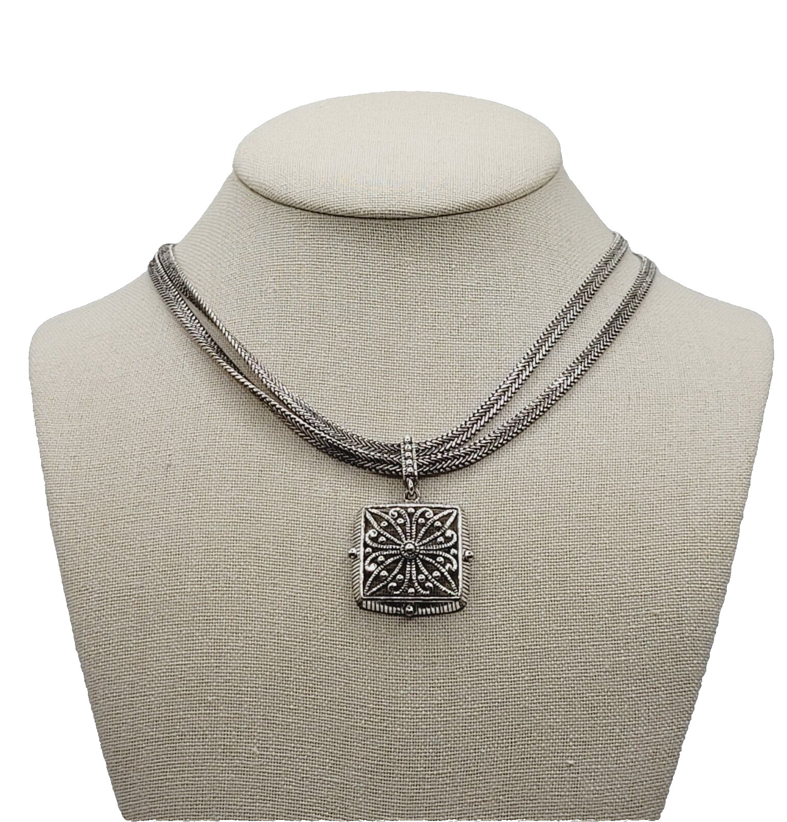 Napier Two Chain with Square Floral Filigree Ornate Silver Tone Pendant Necklace