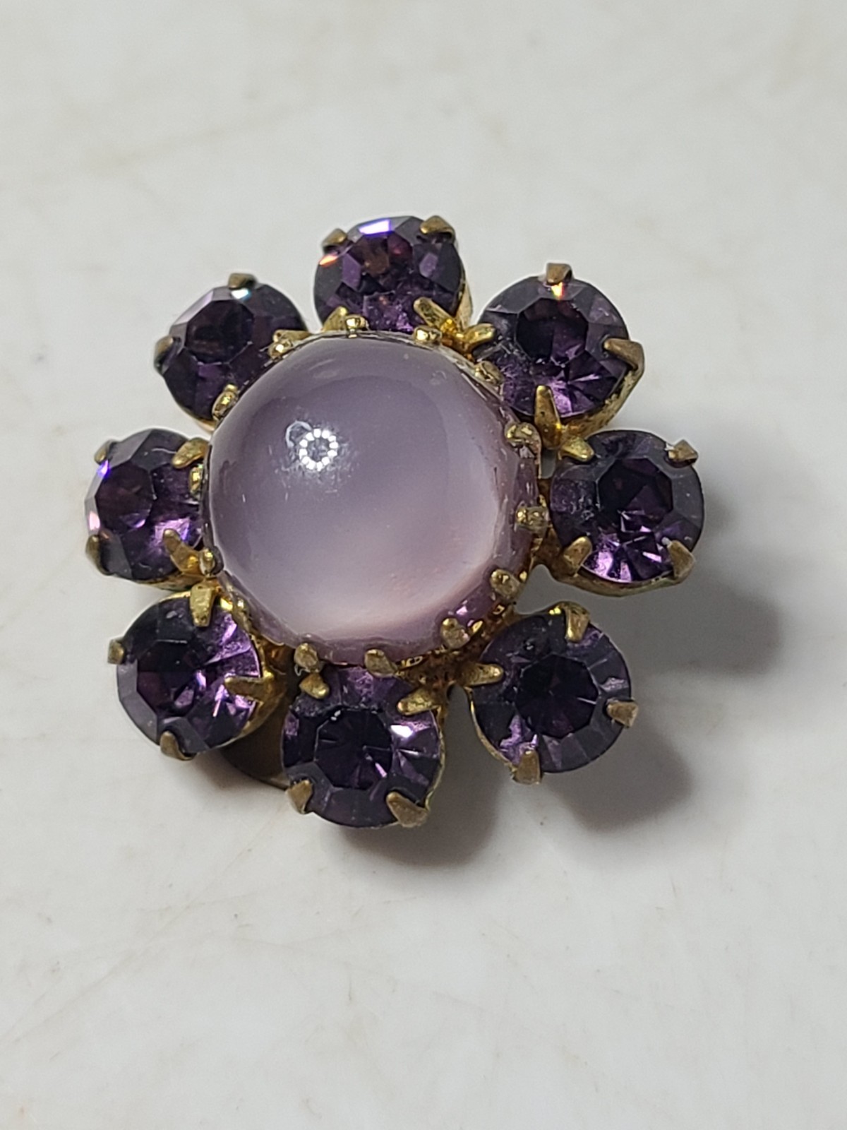 Vintage Signed Austria Purple Cabochon Rhinestone 3/4 Inch Clip Earrings
