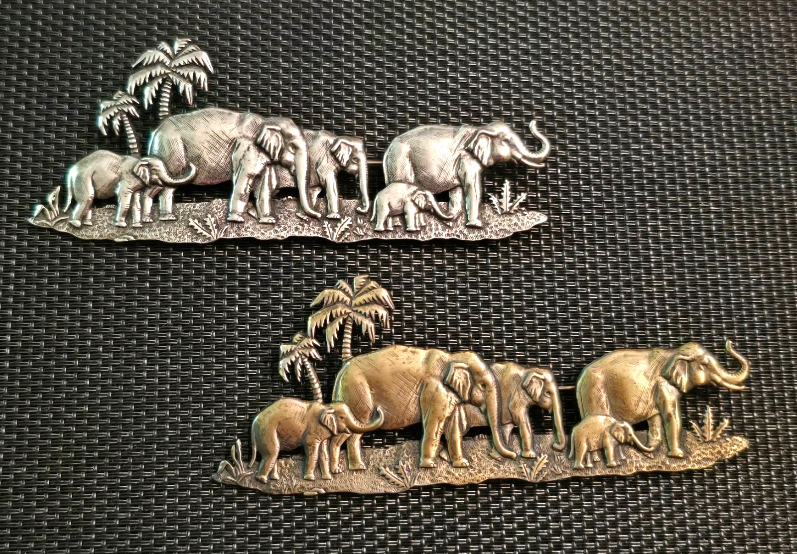 JJ Jonette ELEPHANT FAMILY WALK Pins Brooches – Silvertone & Bronze – Set of TWO