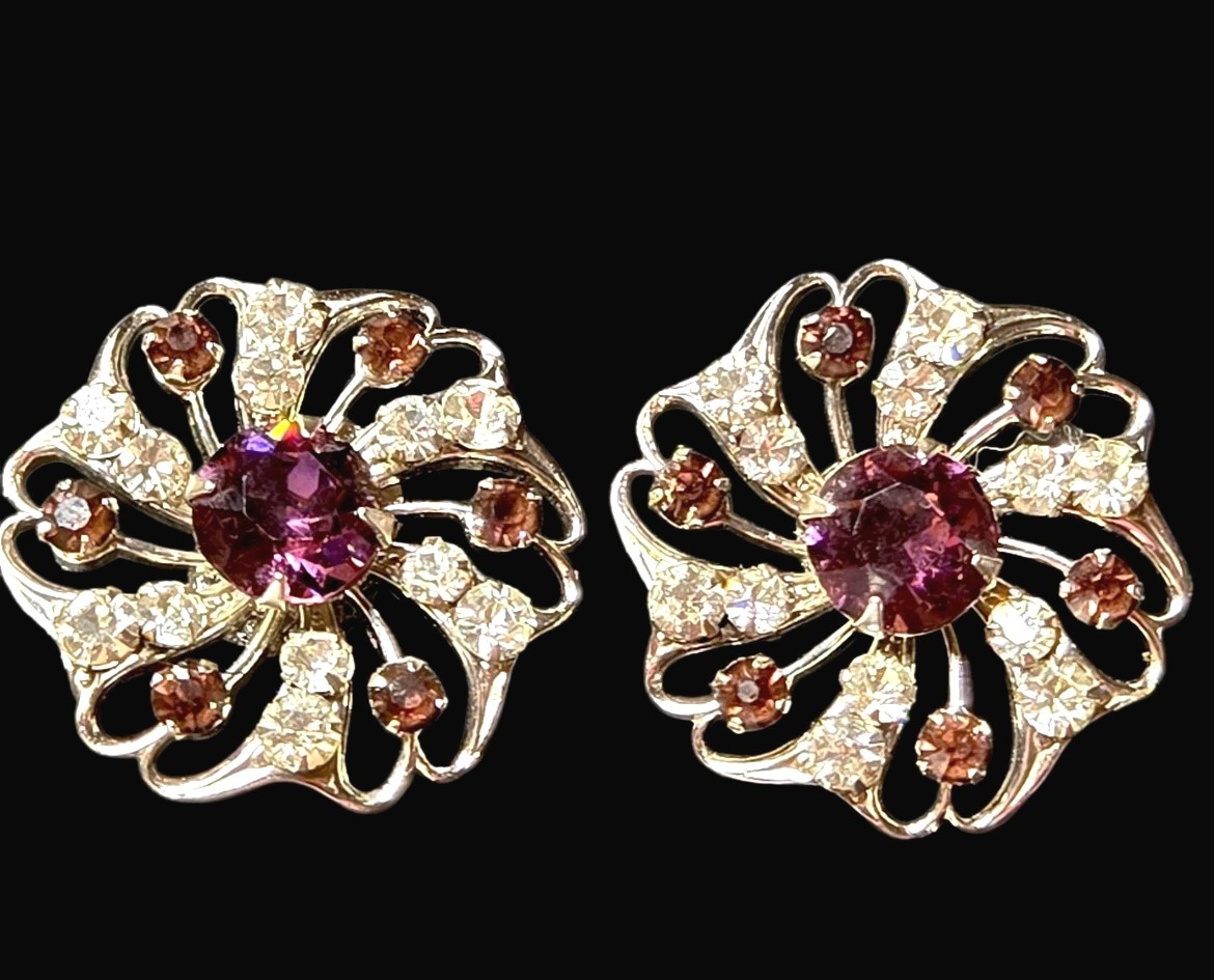 Gorgeous Purple And Clear Rhinestone Silverton Pierced Earrings See All Photos