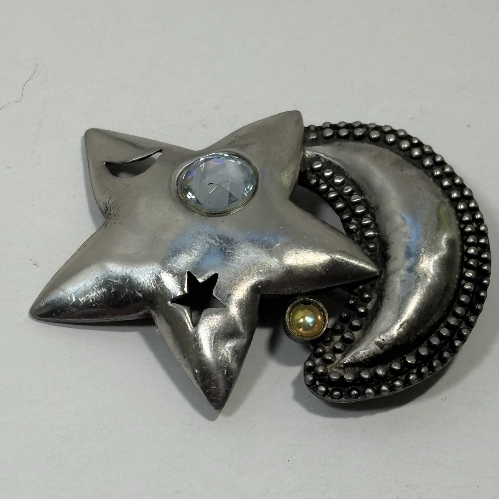 Vintage J.J Jonette Pewter Star Crescent Moon Pin Crystals Pierced Celestial 2″