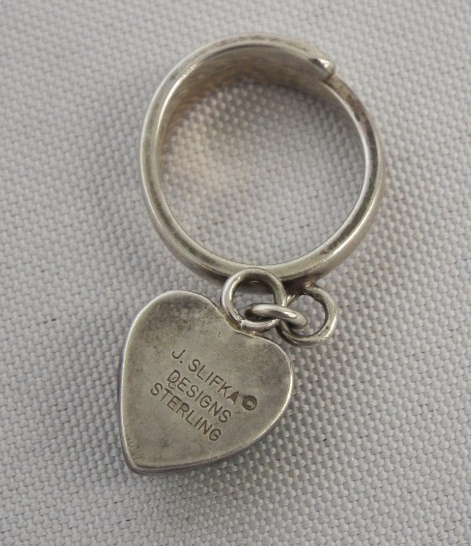 Joan Slifka Designs STERLING SILVER Turquoise Dangle Heart Ring Size 5.5 6g