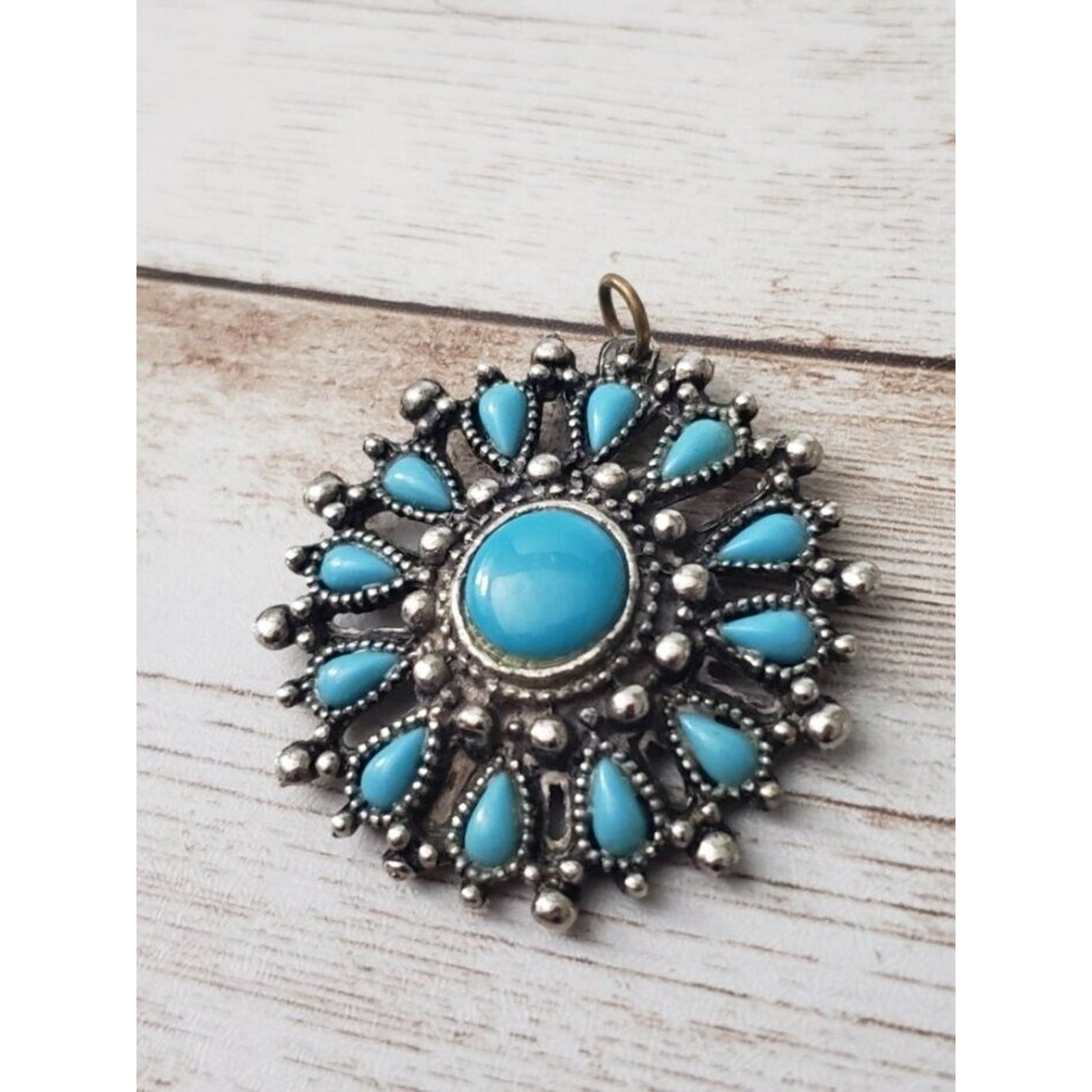 Vintage Pendant Silver Tone & Turquoise Tone 1.5″ – No Chain Included