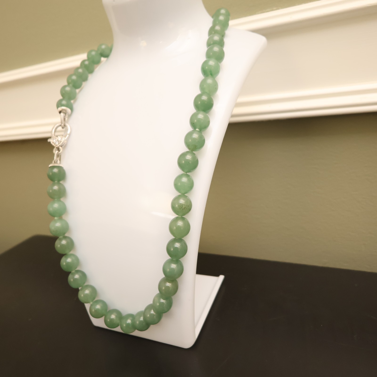 Judith Ripka necklace aventurine beads sterling silver 925 clasp DMQ signed 20in