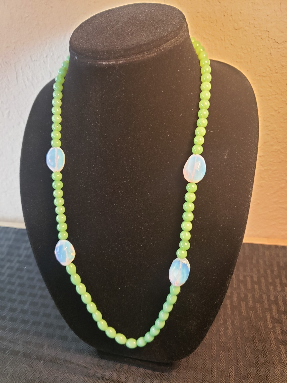Vintage Opaline and Sage Green Glass Bead Necklace 29″