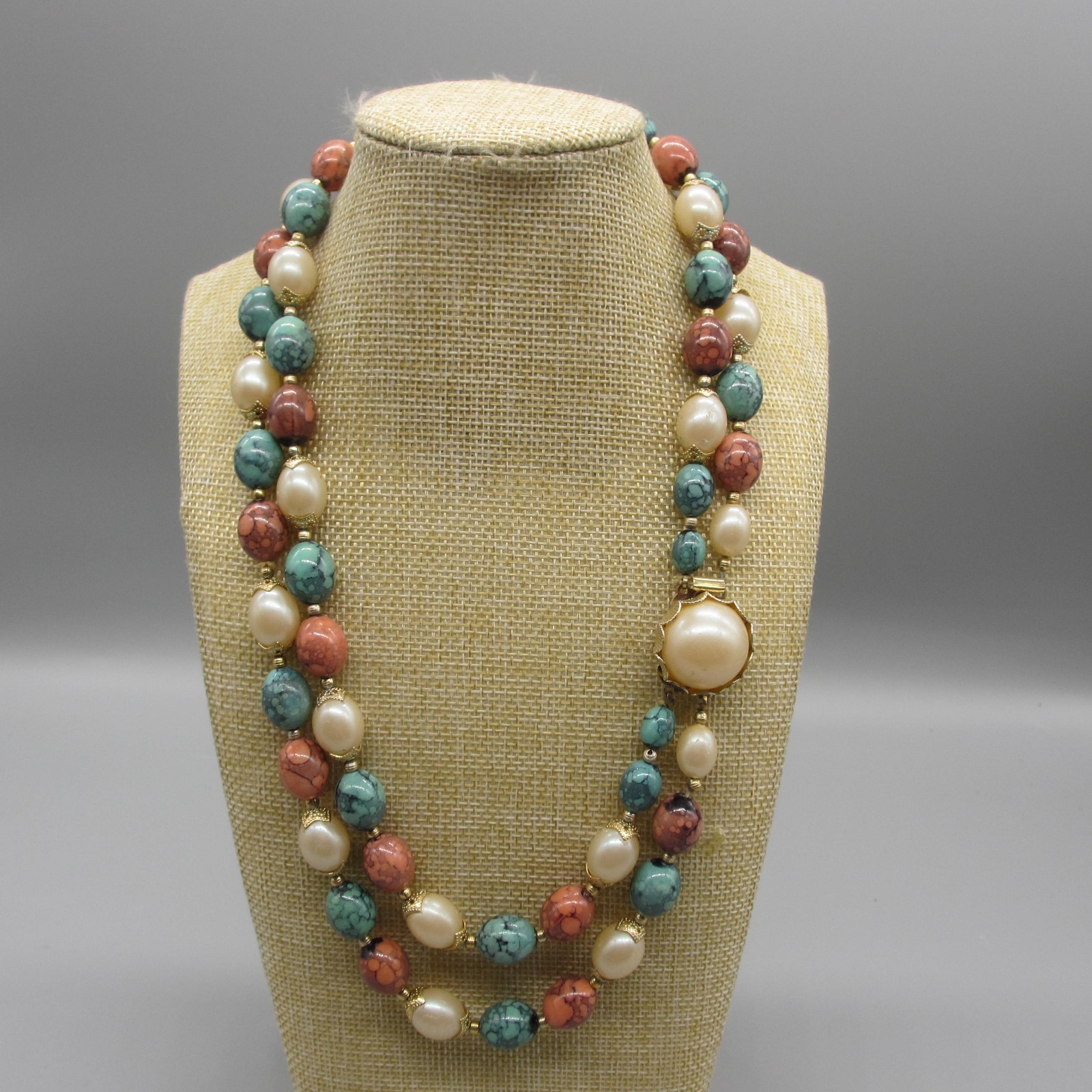 Vintage Hong Kong Necklace Mottled Beads Green Orange Simulated Pearl 19 Inch