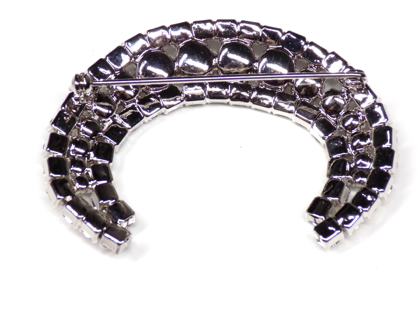 Vintage Big Rhinestone Brooch White Colorless Stones Silver-tone Crescent Moon