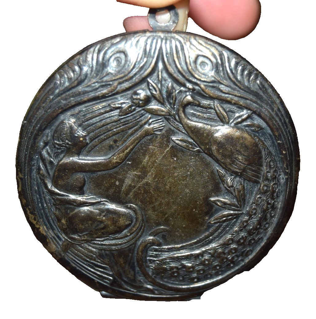 Vintage Art Nouveau Tin Compact/Pendant Locket Peacock & Goddess