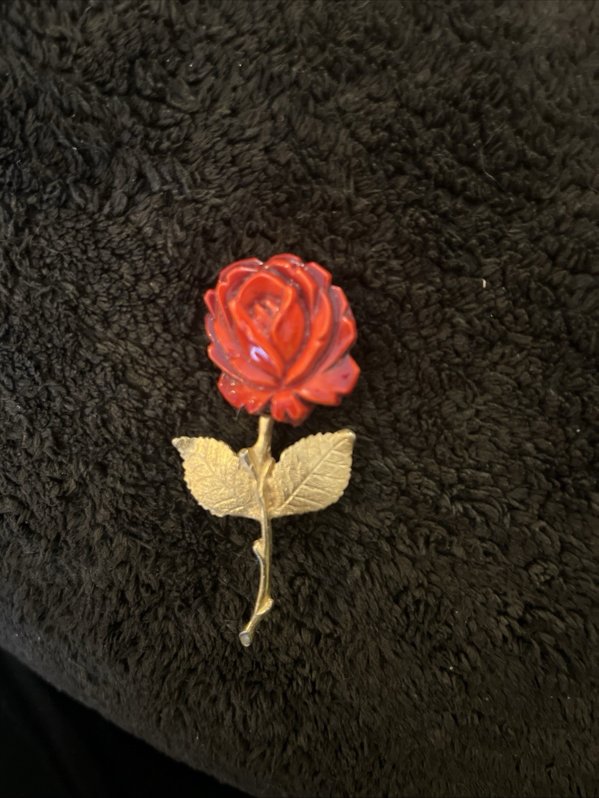 Vintage Estate Goldtone & Red Rose Stem Design Brooch with a face on the back