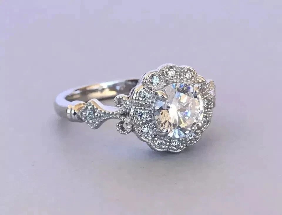 Art Deco Round Lab Created Diamond Women’s Engagement Ring 14K White Gold Finish