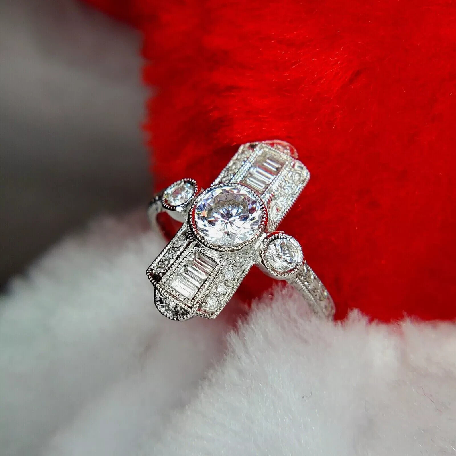 14K White Gold FN Round Cut Art Deco Style Lab-Created Diamond Wedding Ring