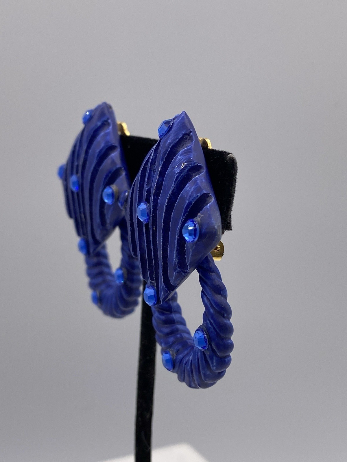 Jeff Lieb Signed Blue Rhinestones Clip On Earrings Squares W/ Detachable Circles