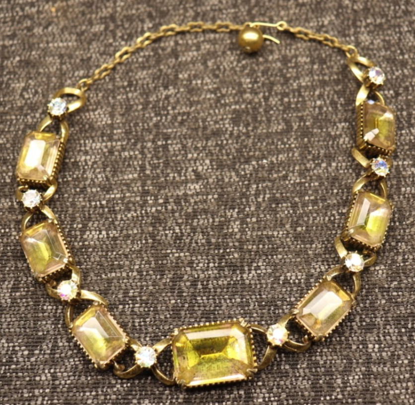 Vintage Florenza Aurora Borealis Lime Green Emerald Cut Runway Necklace