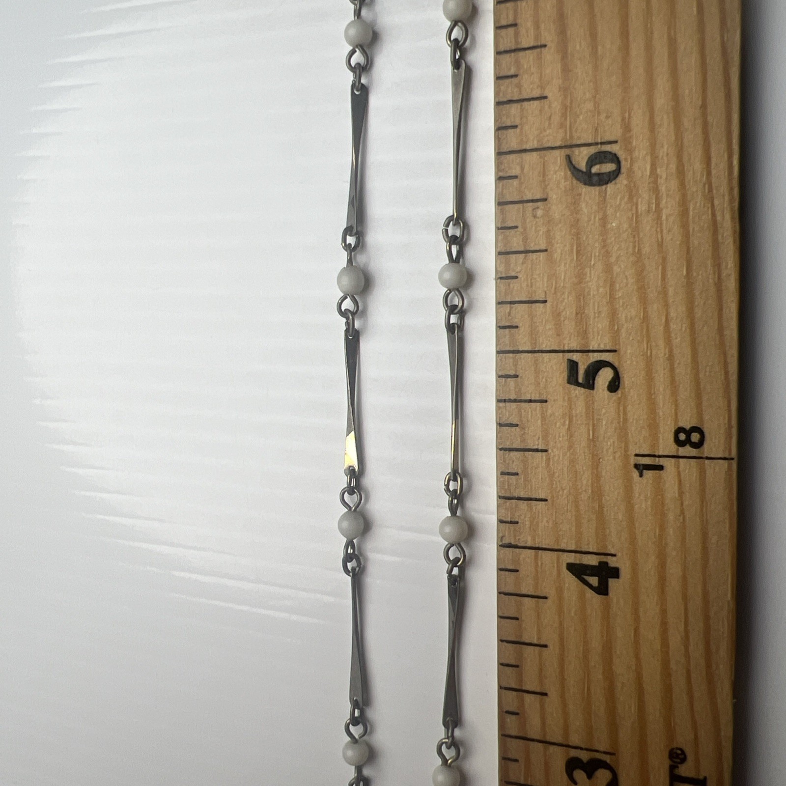 Vintage Twisted Bar Link Necklace Boho White Glass Beaded Silver Tone 20″