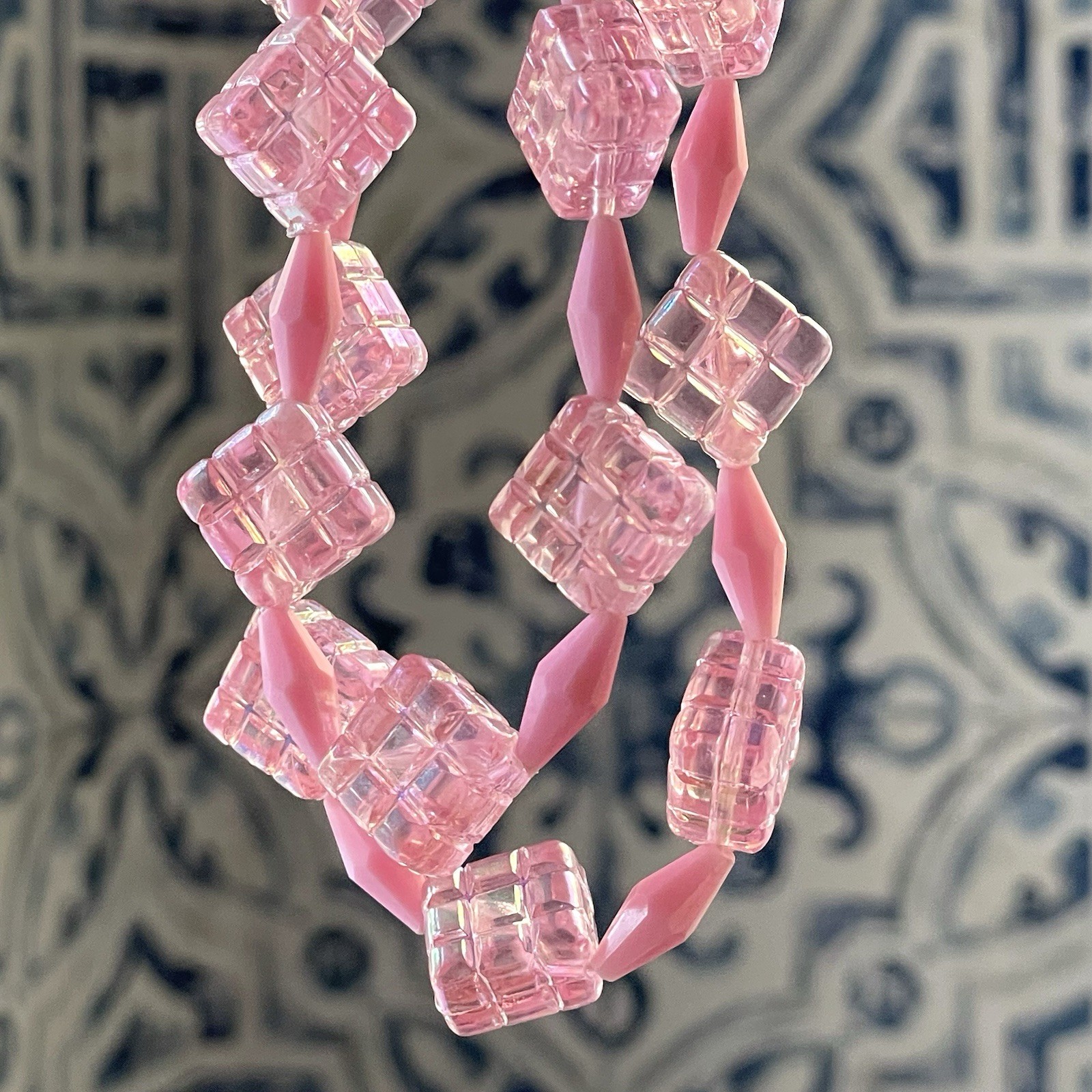 Vintage Austria pink acrylic/lucite double strand statement necklace quilted