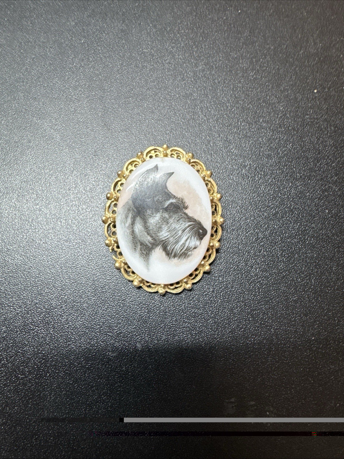 Vintage Painted Porcelain Schnauzer Dog Cameo Brooch W/ Gold Brass Ornate Frame