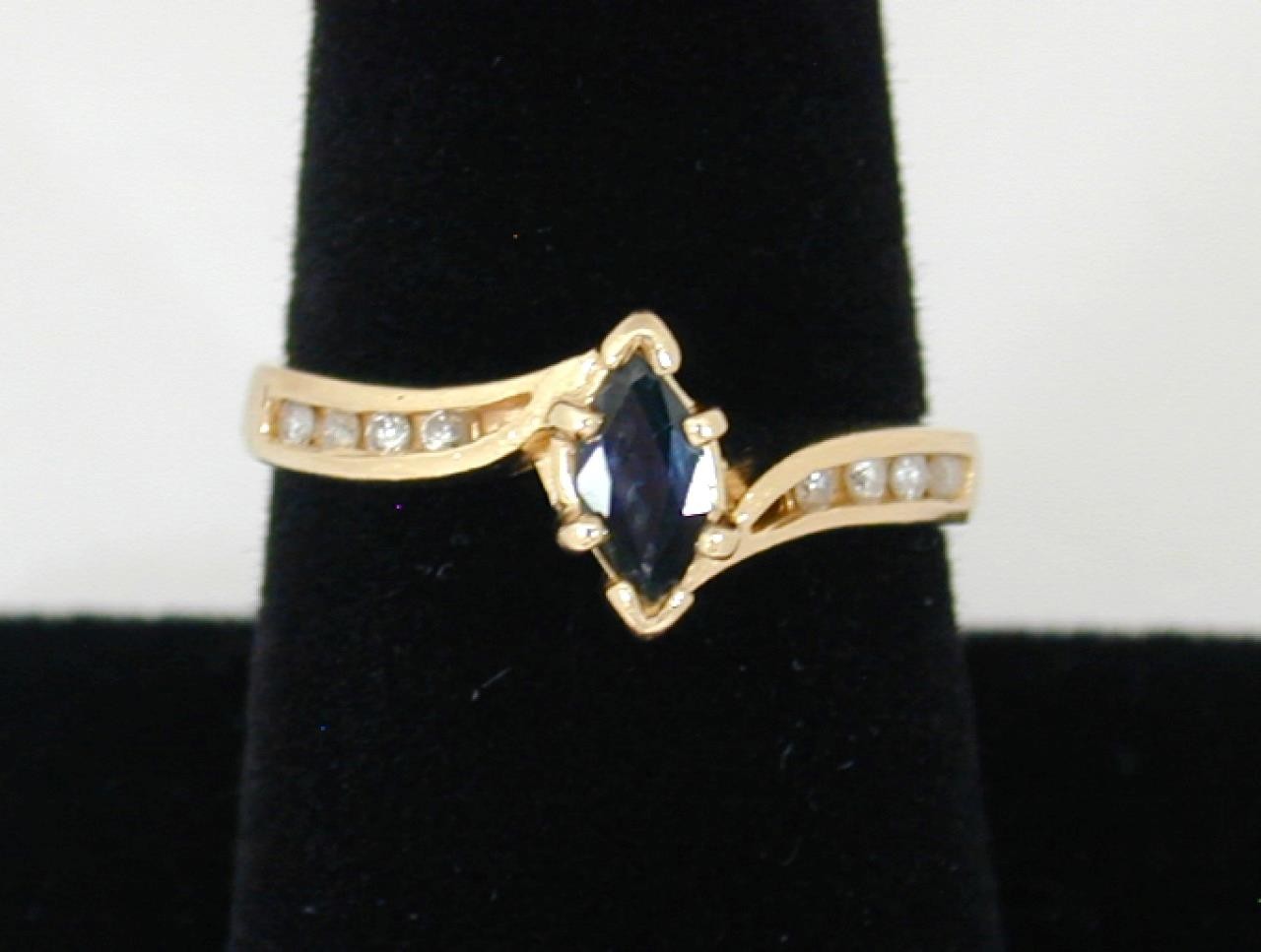 Vtg ASH 14K Yellow Gold Marquise Dark Blue Sapphire & Diamond Ring Size 7.5 585