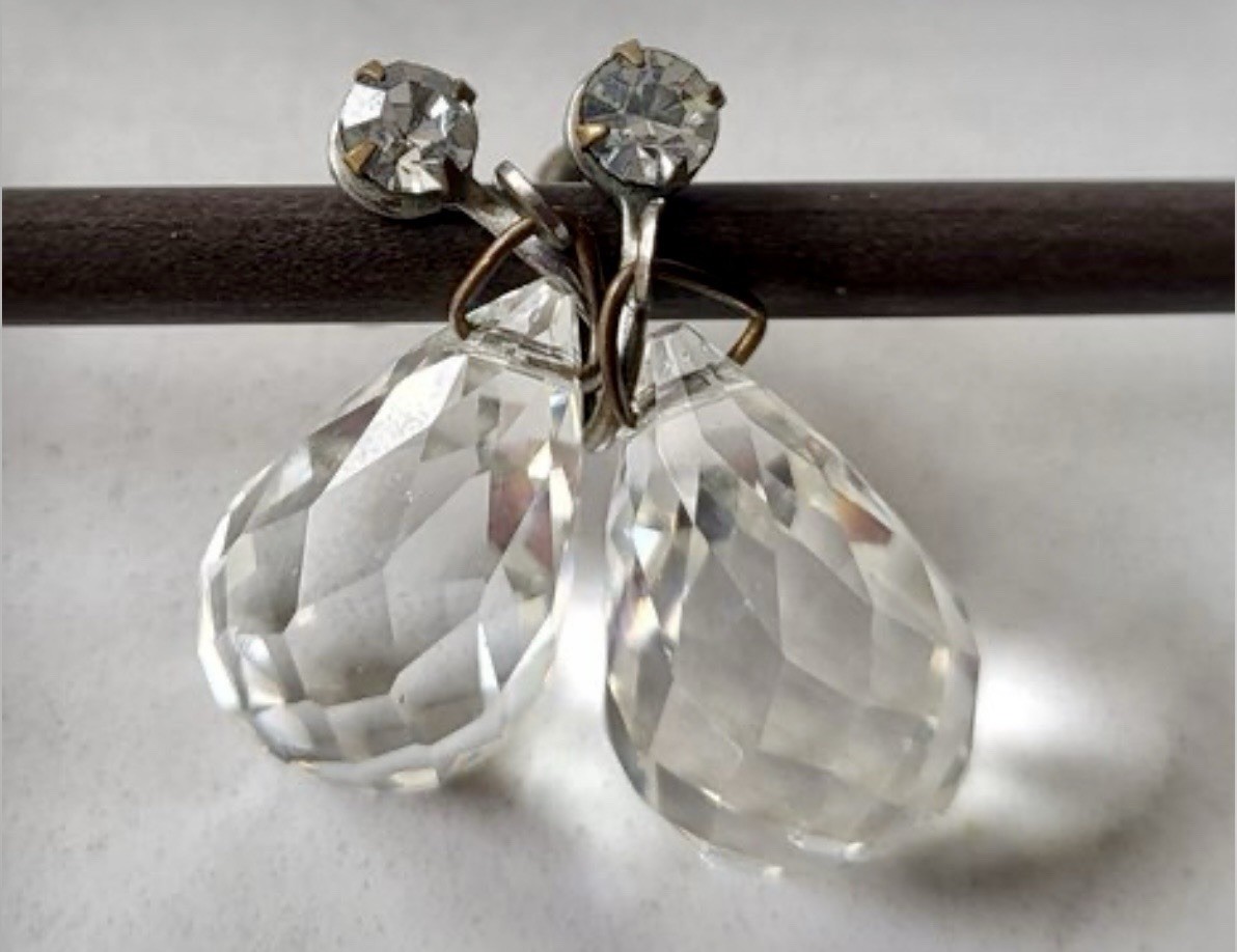 Antique Art Deco Crystal Teardrop Silver Dangle Drop Screw Back Earrings