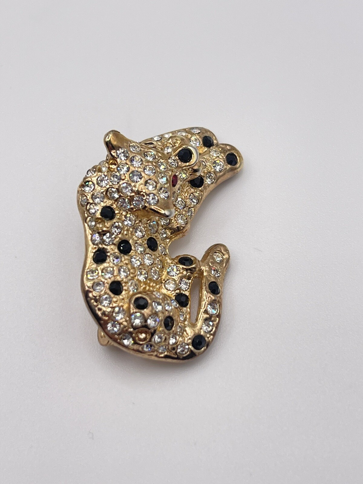 Vtg Signed Roman Black & Clear Pave’ Rhinestone Panther W/Red Eyes Brooch