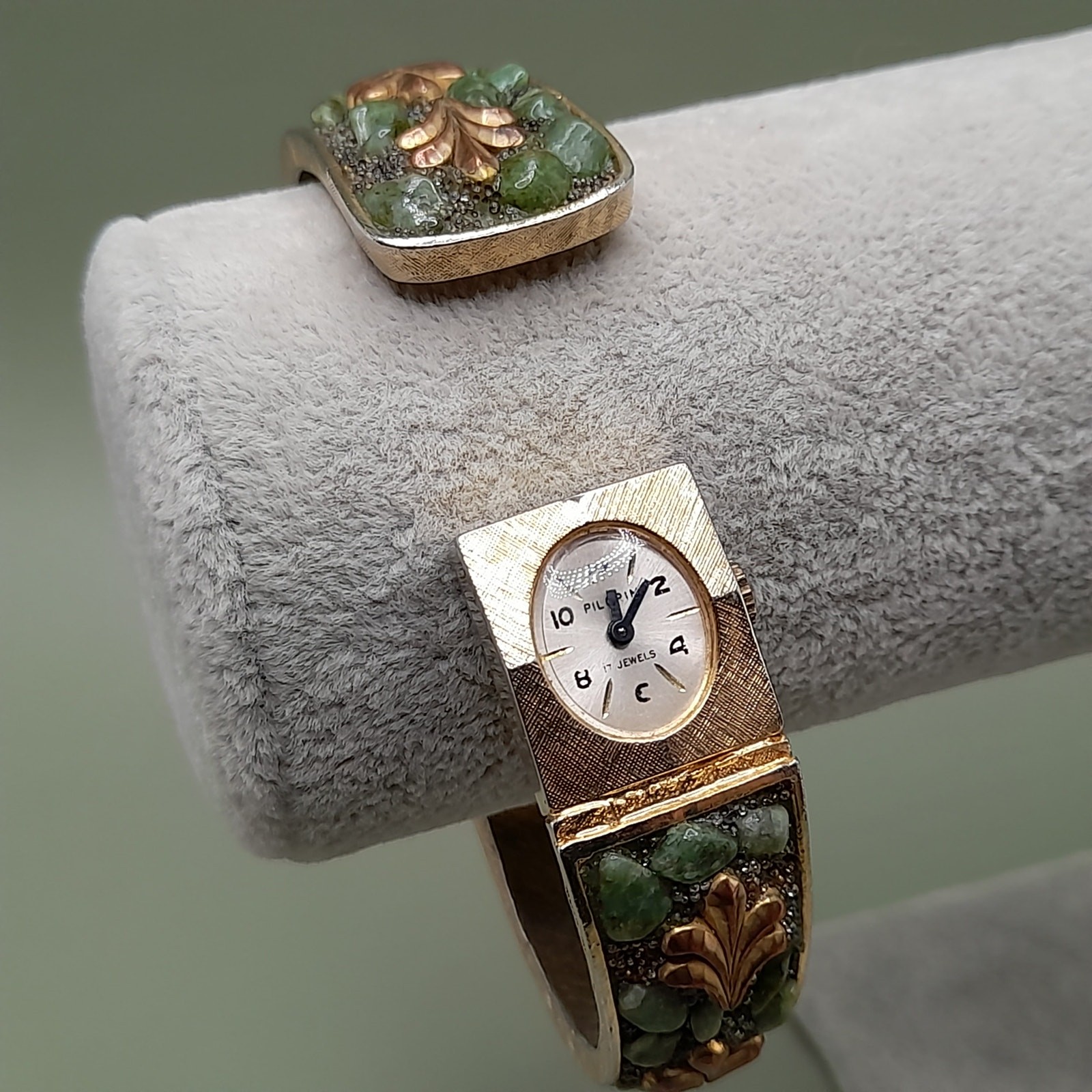 Vintage Jade Watch Cuff Bracelet, Pilgrim 17 Jewels, 6 1/2 Inches