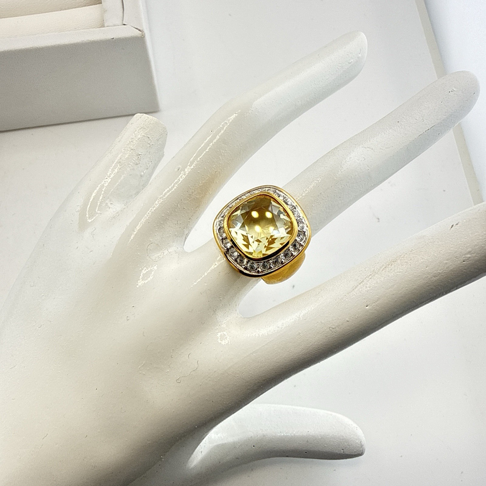 Swarovski Ring Swan Signed Sterling Silver Cocktail Yellow 5 Halo Gold Plated